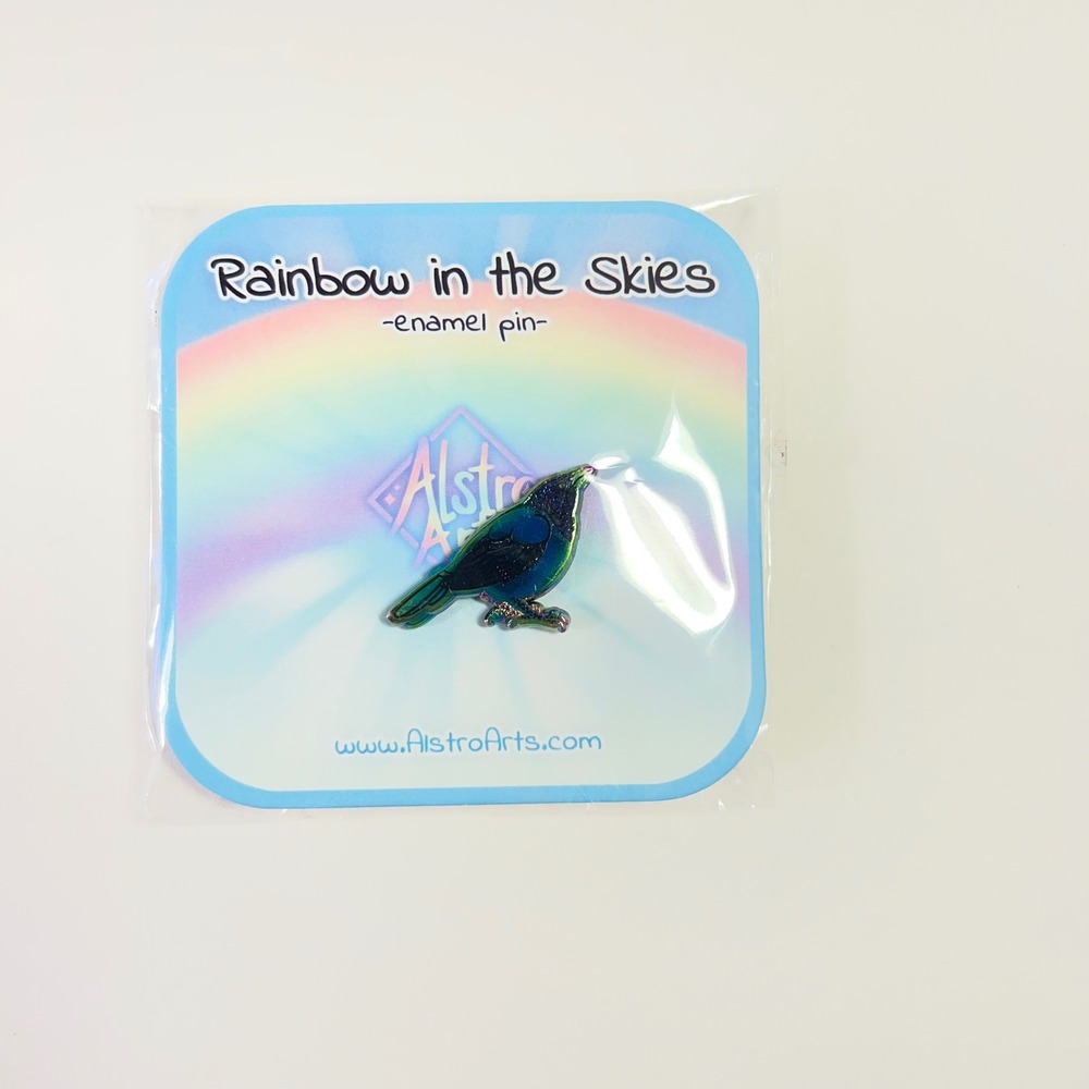 Alstro Arts Rainbow in The Skies Common Grackle Enamel Bird Lapel Pin 1"+New